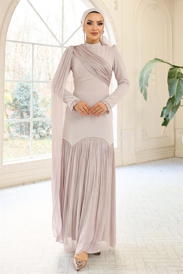 İnci Pilise Detaylı Krep Yoryo İpek Kombinli Tesettür Abiye Elbise TAŞ 1684