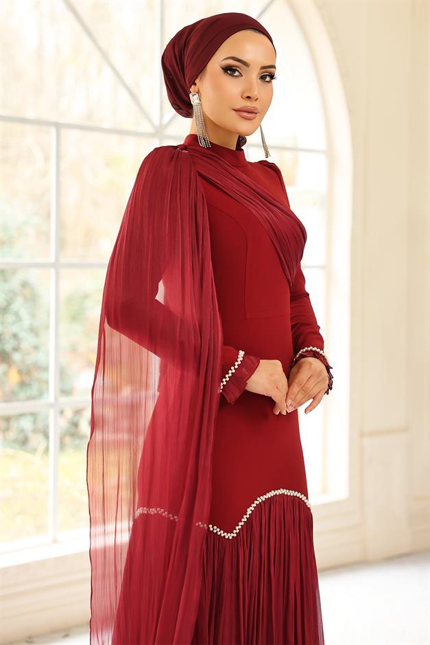 İnci Pilise Detaylı Krep Yoryo İpek Kombinli Tesettür Abiye Elbise BORDO 1684