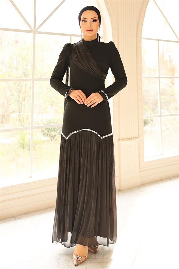 İnci Pilise Detaylı Krep Yoryo İpek Kombinli Tesettür Abiye Elbise SİYAH 1684