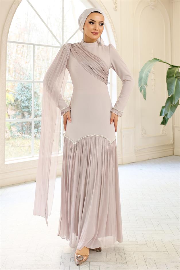 İnci Pilise Detaylı Krep Yoryo İpek Kombinli Tesettür Abiye Elbise TAŞ 1684
