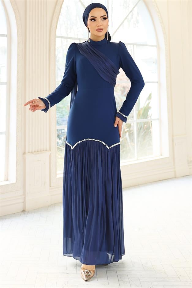 İnci Pilise Detaylı Krep Yoryo İpek Kombinli Tesettür Abiye Elbise LACİVERT 1684