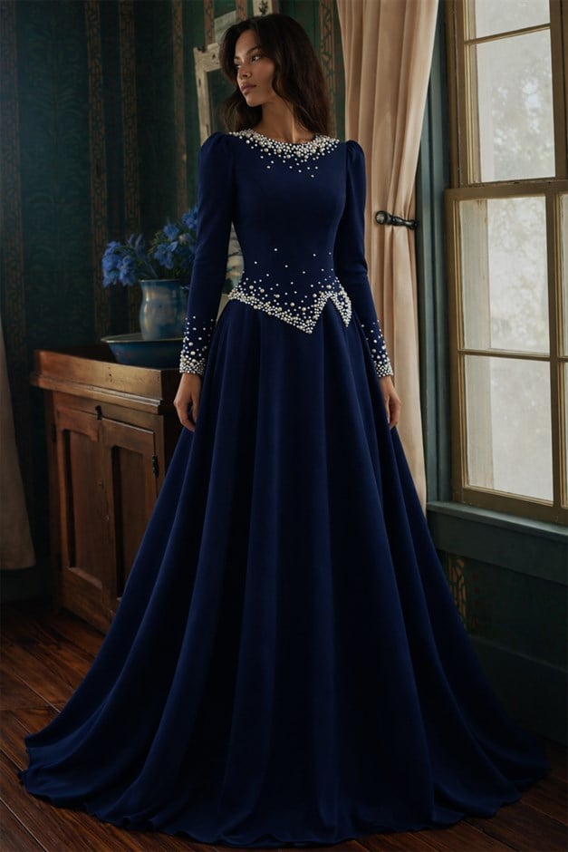 İnci Süslemeli Krep Tesettür Abiye Elbise LACİVERT 1691