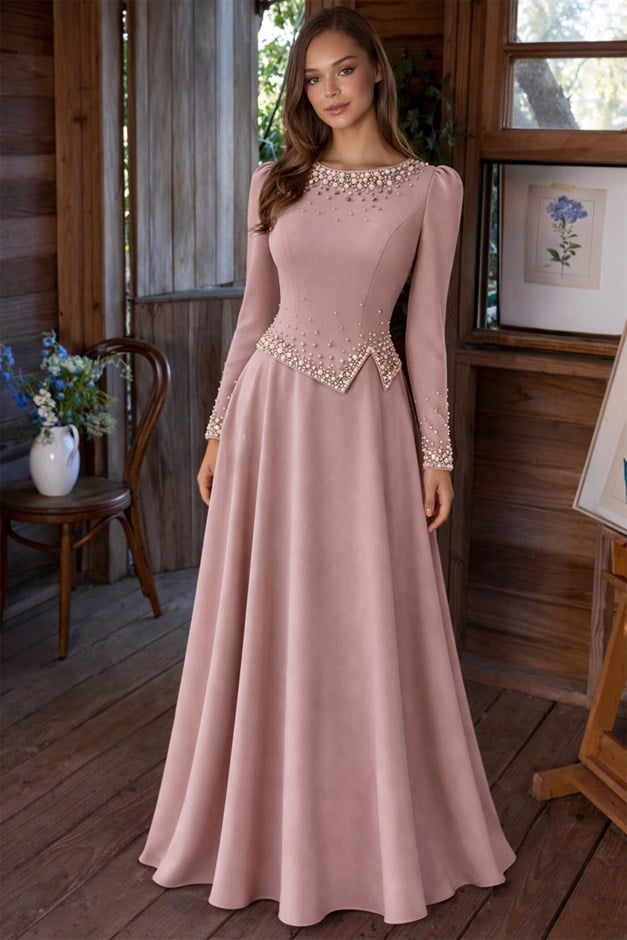 İnci Süslemeli Krep Tesettür Abiye Elbise PUDRA 1691