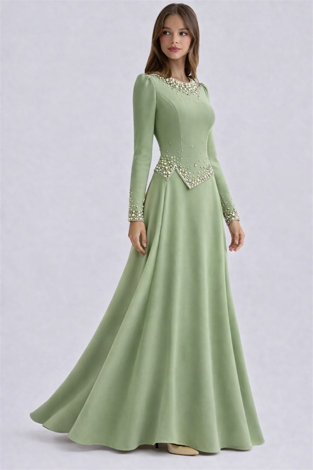 İnci Süslemeli Krep Tesettür Abiye Elbise ÇAĞLA 1691