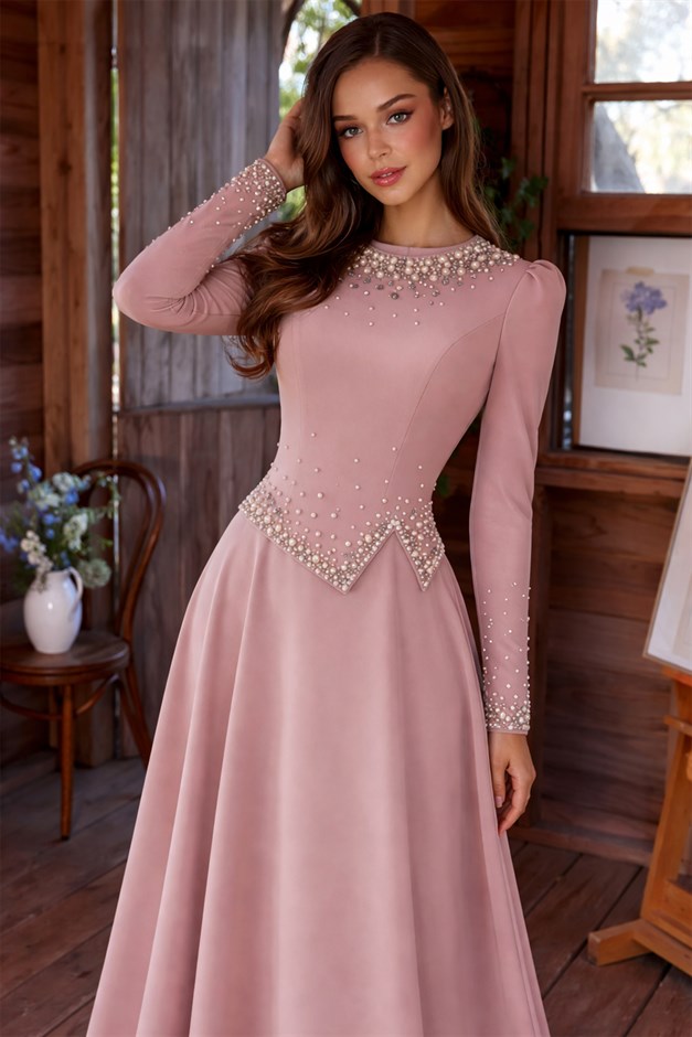 İnci Süslemeli Krep Tesettür Abiye Elbise PUDRA 1691