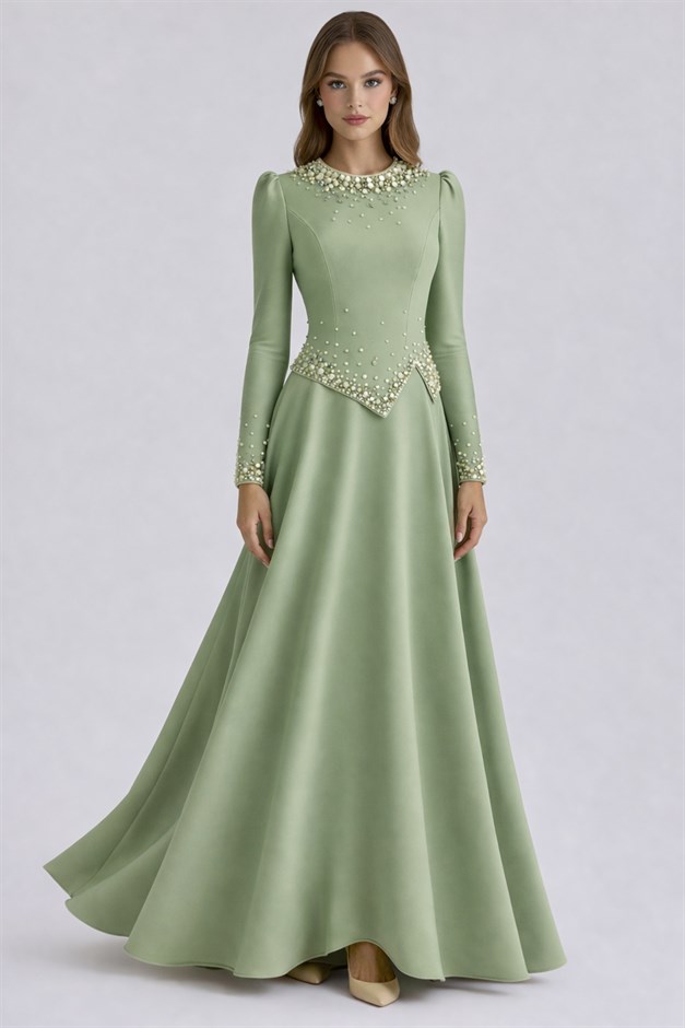 İnci Süslemeli Krep Tesettür Abiye Elbise ÇAĞLA 1691