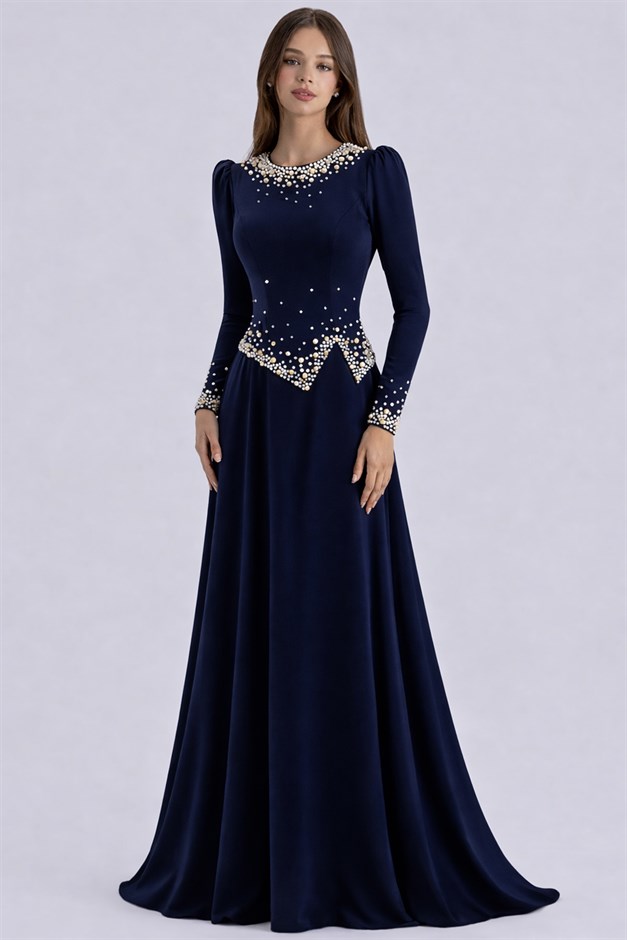 İnci Süslemeli Krep Tesettür Abiye Elbise LACİVERT 1691