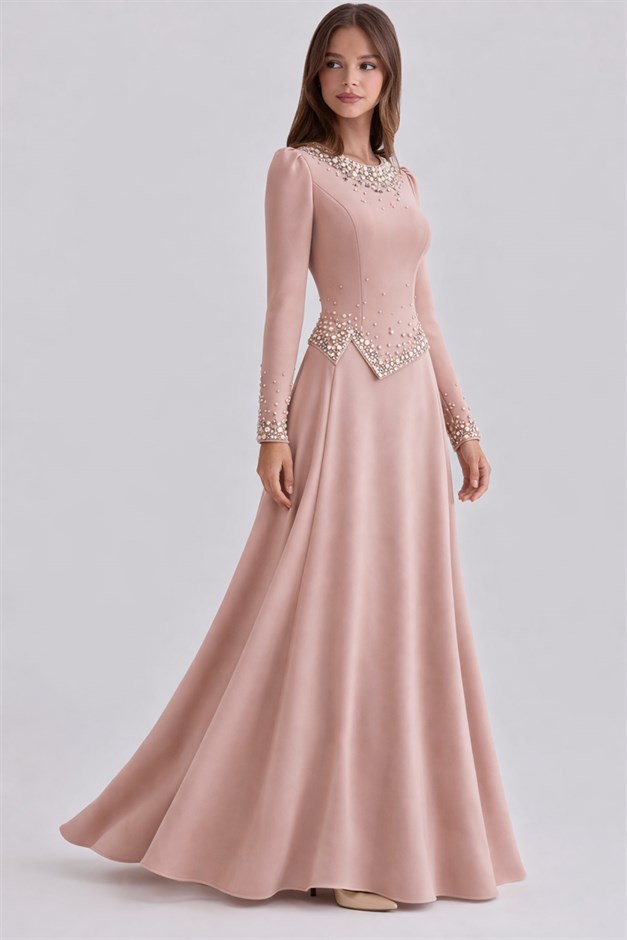 İnci Süslemeli Krep Tesettür Abiye Elbise PUDRA 1691