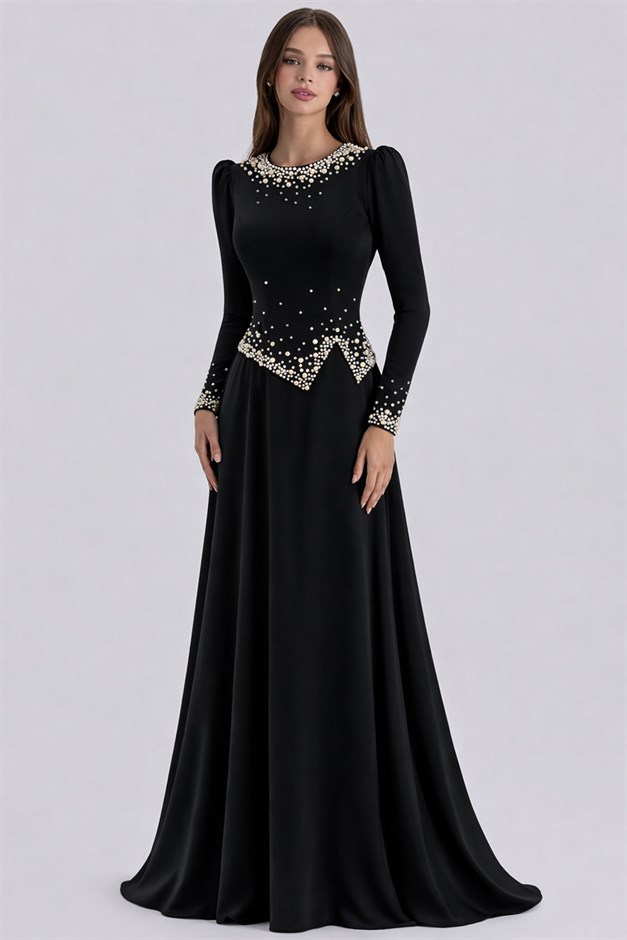 İnci Süslemeli Krep Tesettür Abiye Elbise SİYAH 1691