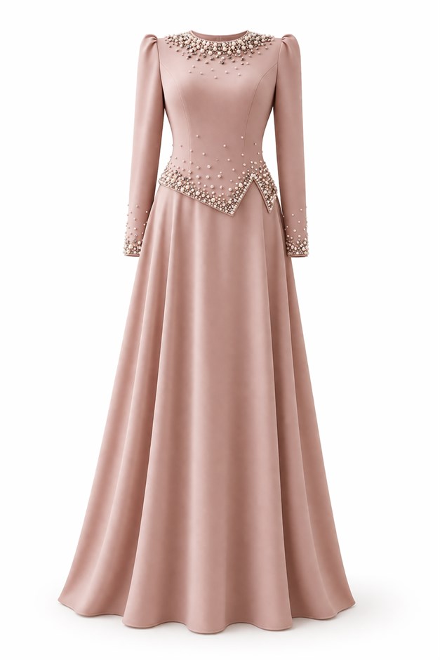 İnci Süslemeli Krep Tesettür Abiye Elbise PUDRA 1691