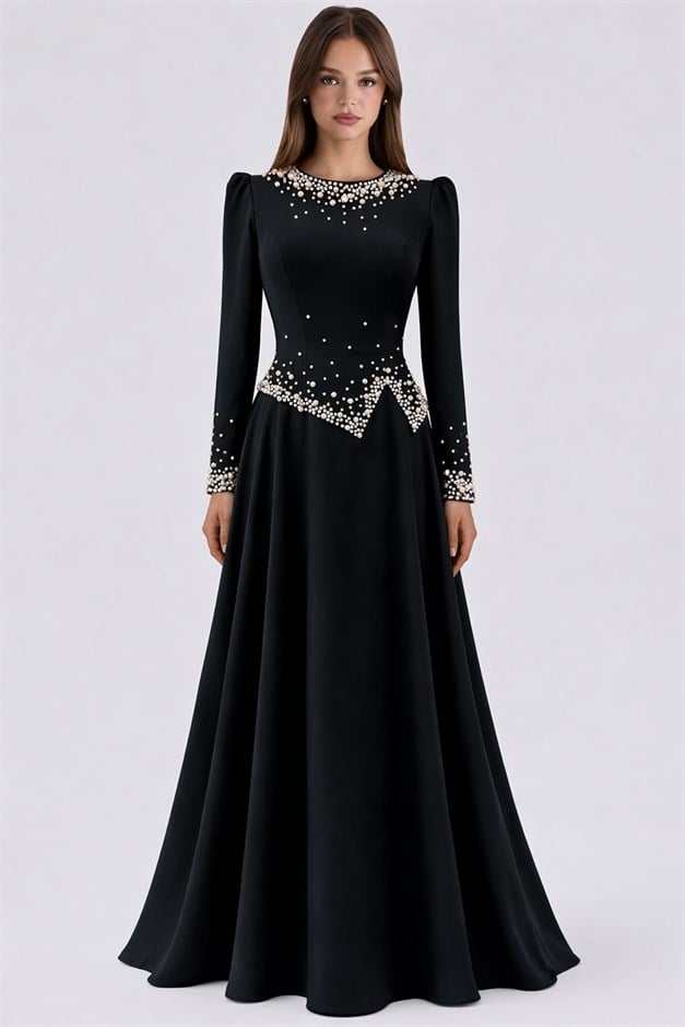 İnci Süslemeli Krep Tesettür Abiye Elbise SİYAH 1691