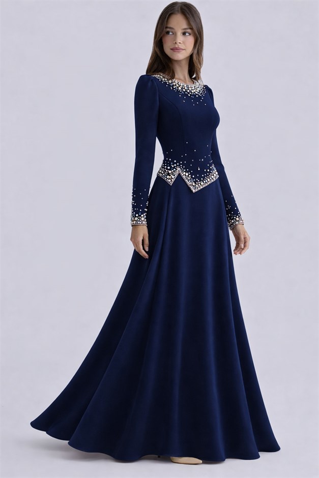 İnci Süslemeli Krep Tesettür Abiye Elbise LACİVERT 1691