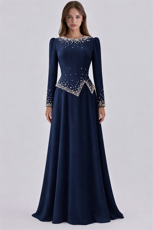 İnci Süslemeli Krep Tesettür Abiye Elbise LACİVERT 1691