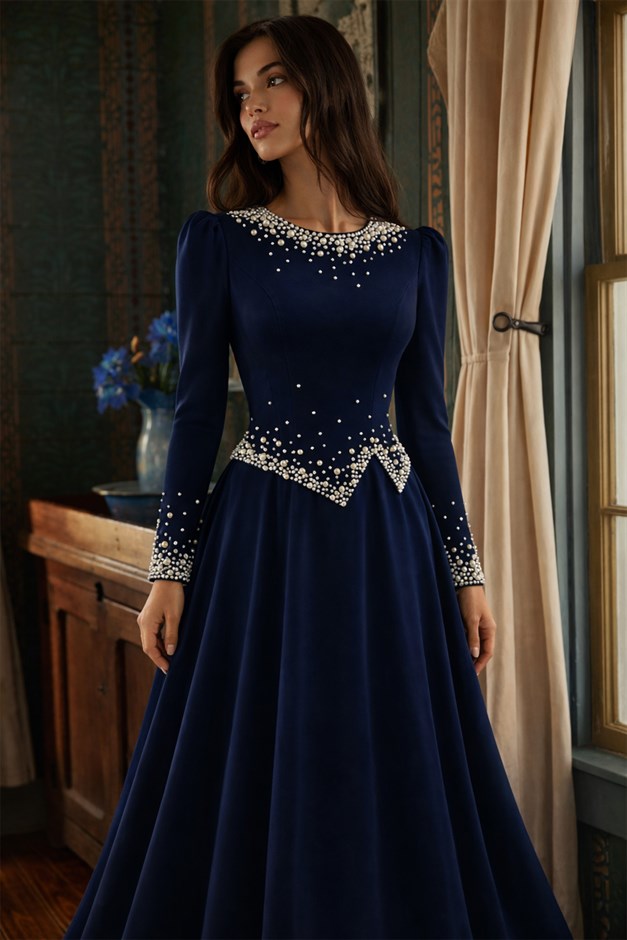 İnci Süslemeli Krep Tesettür Abiye Elbise LACİVERT 1691