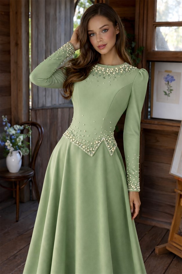 İnci Süslemeli Krep Tesettür Abiye Elbise ÇAĞLA 1691