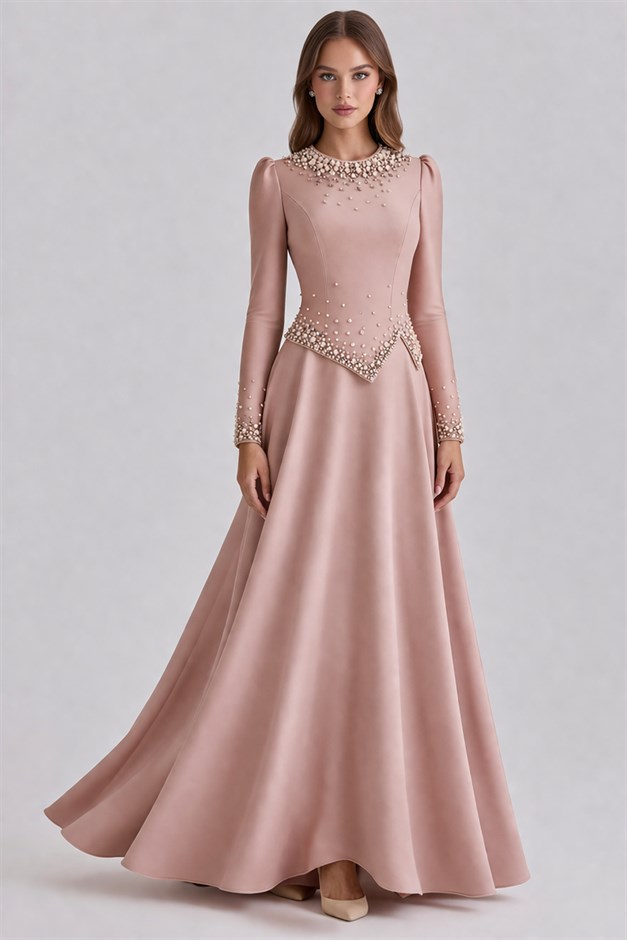 İnci Süslemeli Krep Tesettür Abiye Elbise PUDRA 1691