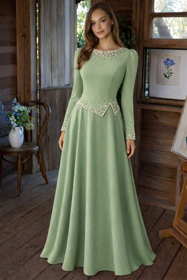 İnci Süslemeli Krep Tesettür Abiye Elbise ÇAĞLA 1691