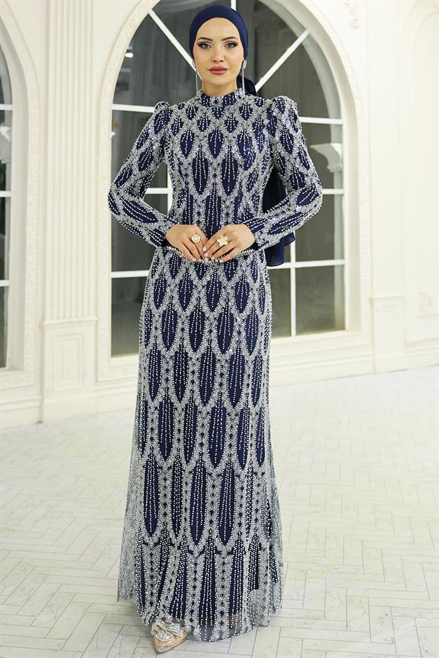 İnci ve Boncuk Bezeli Exclusive Tesettür Abiye Elbise LACİVERT 1062