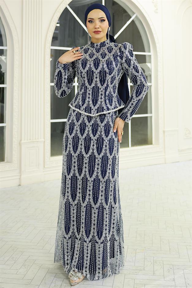 İnci ve Boncuk Bezeli Exclusive Tesettür Abiye Elbise LACİVERT 1062