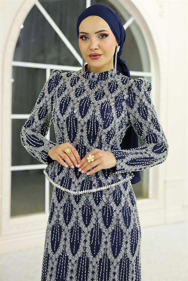 İnci ve Boncuk Bezeli Exclusive Tesettür Abiye Elbise LACİVERT 1062