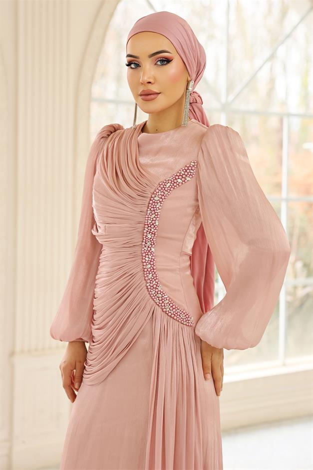 İnci ve Pilise Detaylı Yoryo İpek Tesettür Abiye Elbise PUDRA 1249