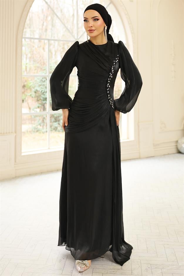 İnci ve Pilise Detaylı Yoryo İpek Tesettür Abiye Elbise SİYAH 1249