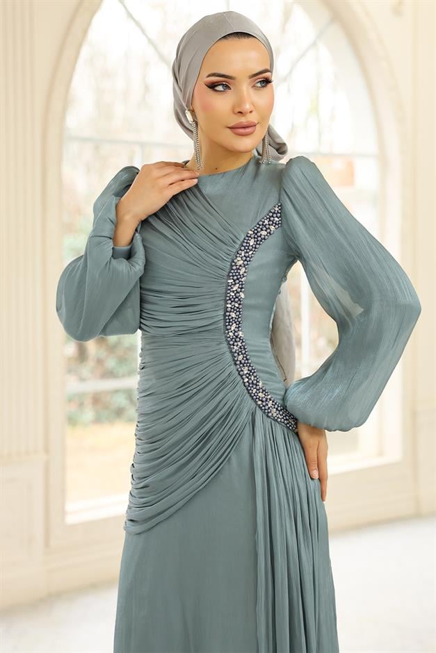 İnci ve Pilise Detaylı Yoryo İpek Tesettür Abiye Elbise SU YEŞİLİ 1249