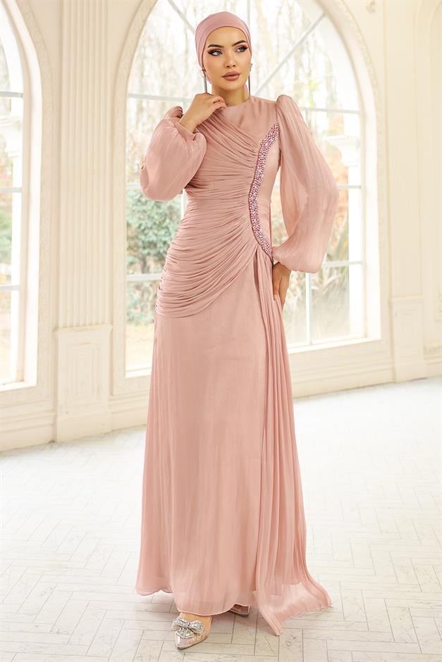 İnci ve Pilise Detaylı Yoryo İpek Tesettür Abiye Elbise PUDRA 1249