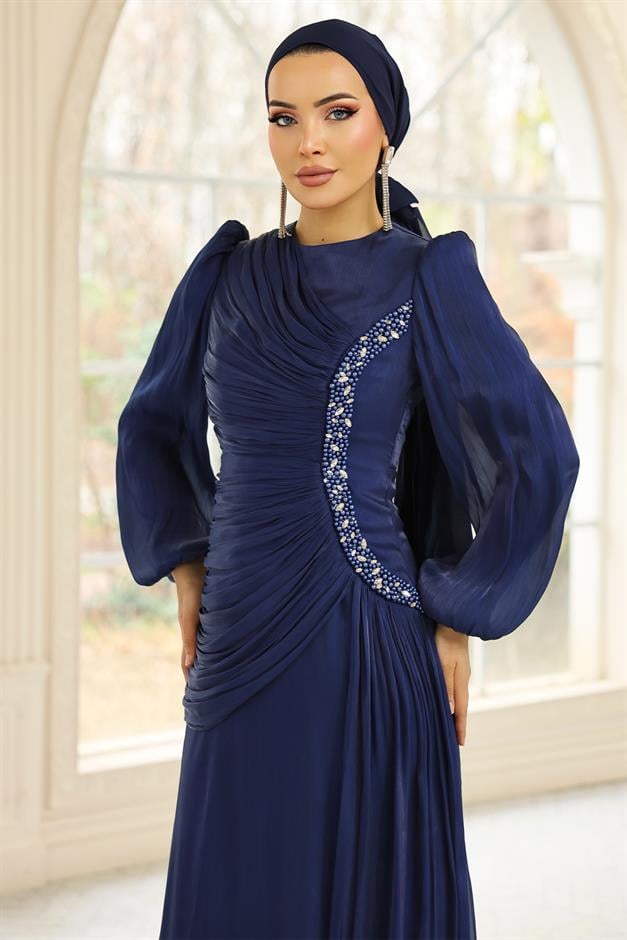 İnci ve Pilise Detaylı Yoryo İpek Tesettür Abiye Elbise K. İNDİGO 1249