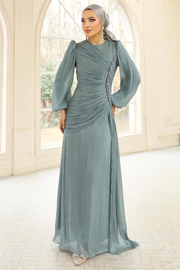 İnci ve Pilise Detaylı Yoryo İpek Tesettür Abiye Elbise SU YEŞİLİ 1249
