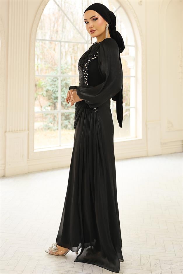 İnci ve Pilise Detaylı Yoryo İpek Tesettür Abiye Elbise SİYAH 1249
