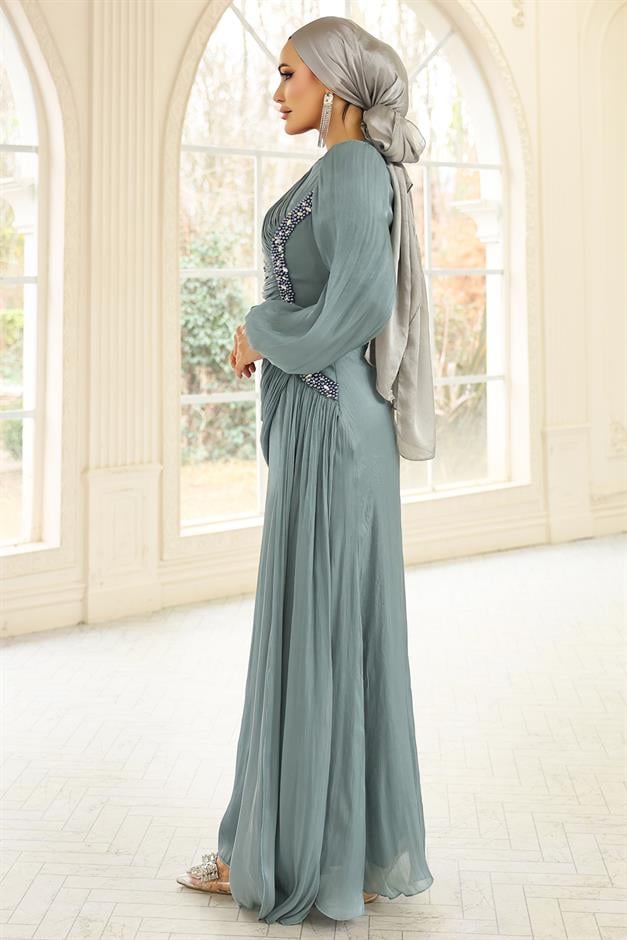 İnci ve Pilise Detaylı Yoryo İpek Tesettür Abiye Elbise SU YEŞİLİ 1249