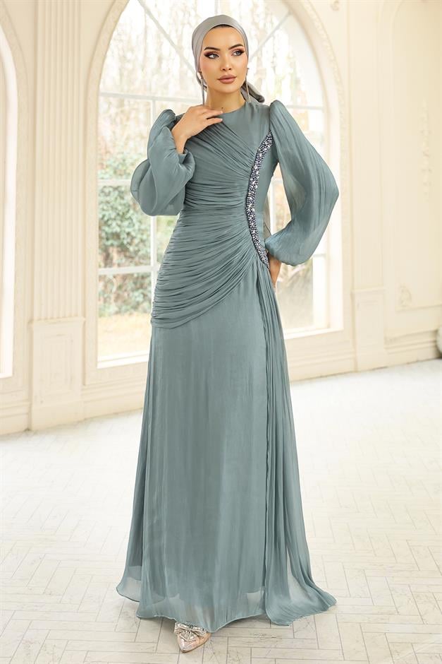 İnci ve Pilise Detaylı Yoryo İpek Tesettür Abiye Elbise SU YEŞİLİ 1249
