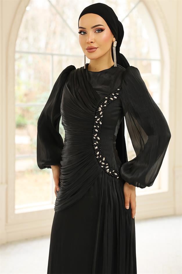 İnci ve Pilise Detaylı Yoryo İpek Tesettür Abiye Elbise SİYAH 1249