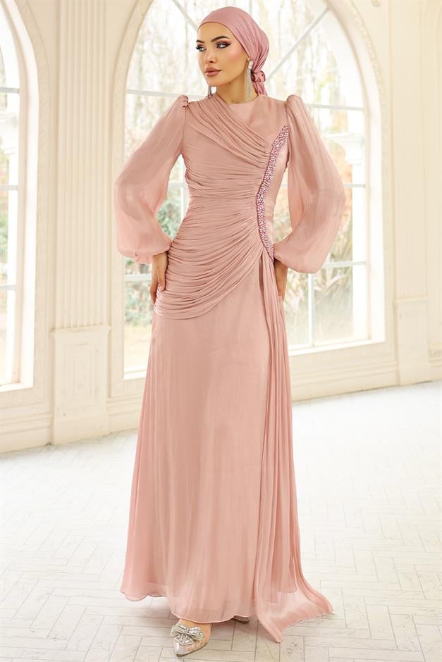 İnci ve Pilise Detaylı Yoryo İpek Tesettür Abiye Elbise PUDRA 1249