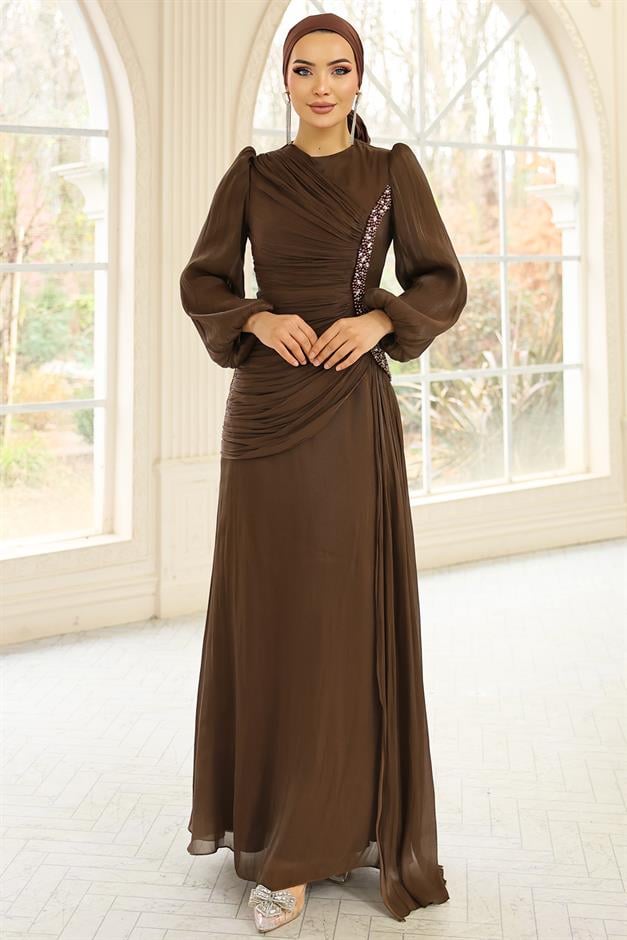İnci ve Pilise Detaylı Yoryo İpek Tesettür Abiye Elbise KAHVE 1249