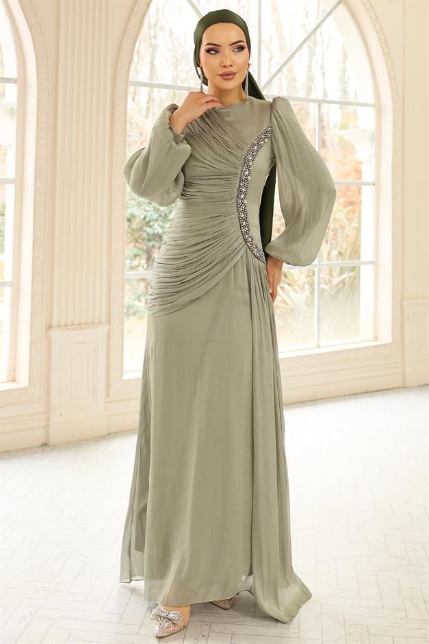İnci ve Pilise Detaylı Yoryo İpek Tesettür Abiye Elbise AÇIK YEŞİL 1249
