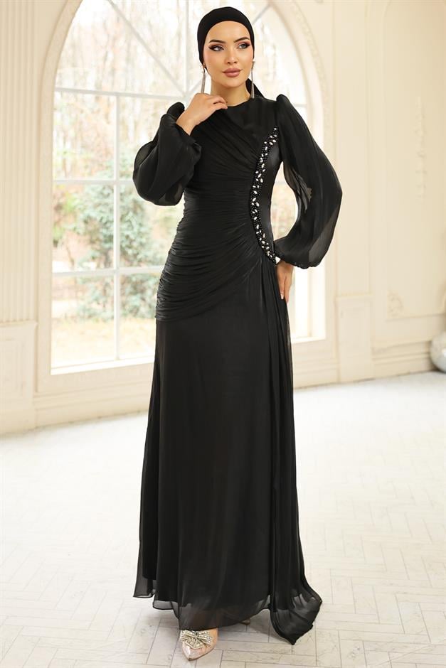 İnci ve Pilise Detaylı Yoryo İpek Tesettür Abiye Elbise SİYAH 1249