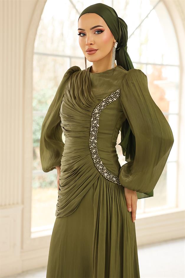 İnci ve Pilise Detaylı Yoryo İpek Tesettür Abiye Elbise YEŞİL 1249