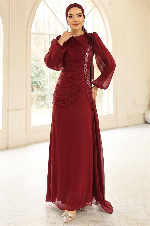 İnci ve Pilise Detaylı Yoryo İpek Tesettür Abiye Elbise BORDO 1249