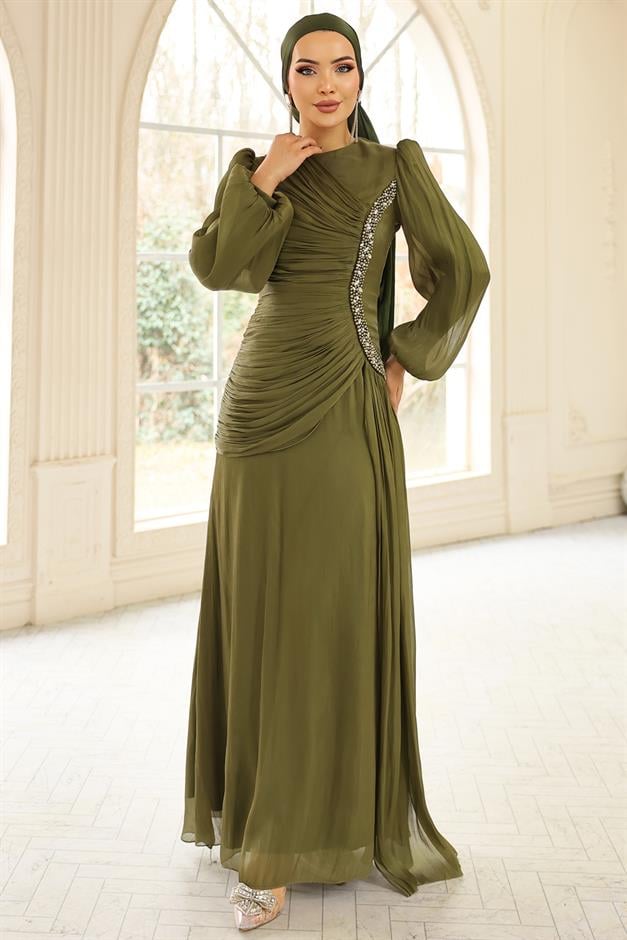 İnci ve Pilise Detaylı Yoryo İpek Tesettür Abiye Elbise YEŞİL 1249