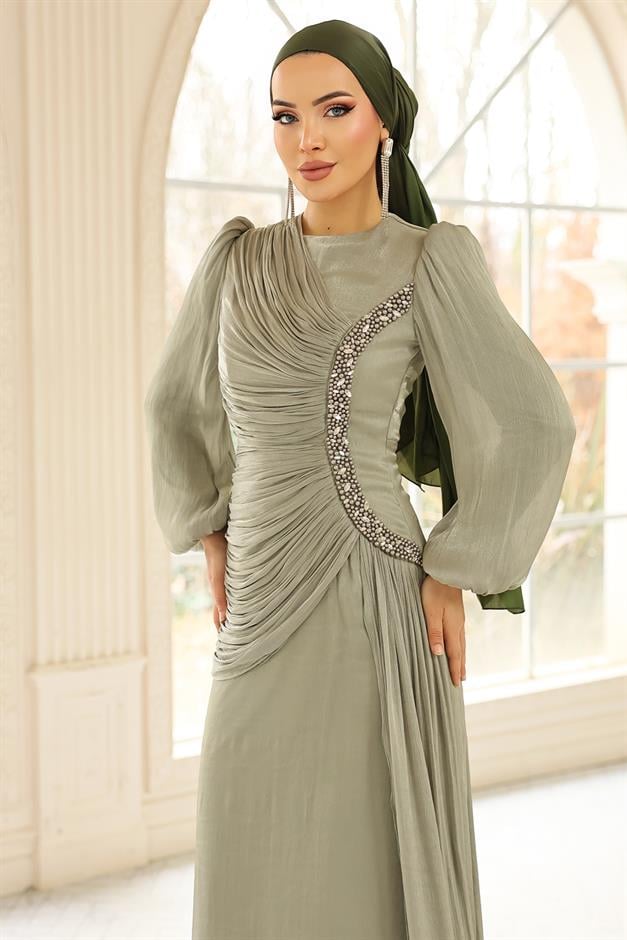 İnci ve Pilise Detaylı Yoryo İpek Tesettür Abiye Elbise AÇIK YEŞİL 1249