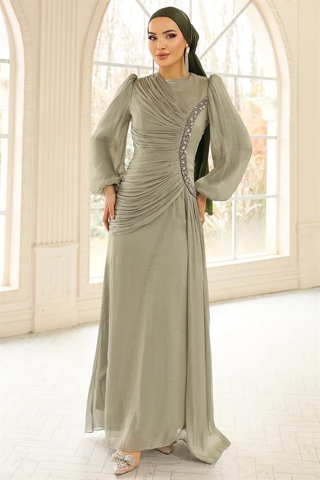 İnci ve Pilise Detaylı Yoryo İpek Tesettür Abiye Elbise AÇIK YEŞİL 1249