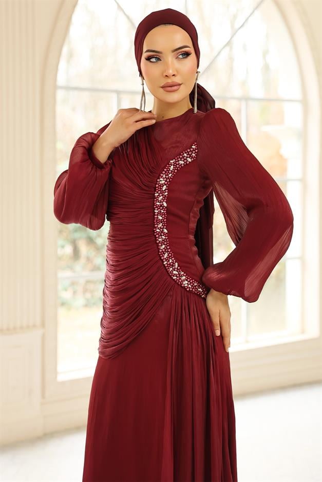 İnci ve Pilise Detaylı Yoryo İpek Tesettür Abiye Elbise BORDO 1249