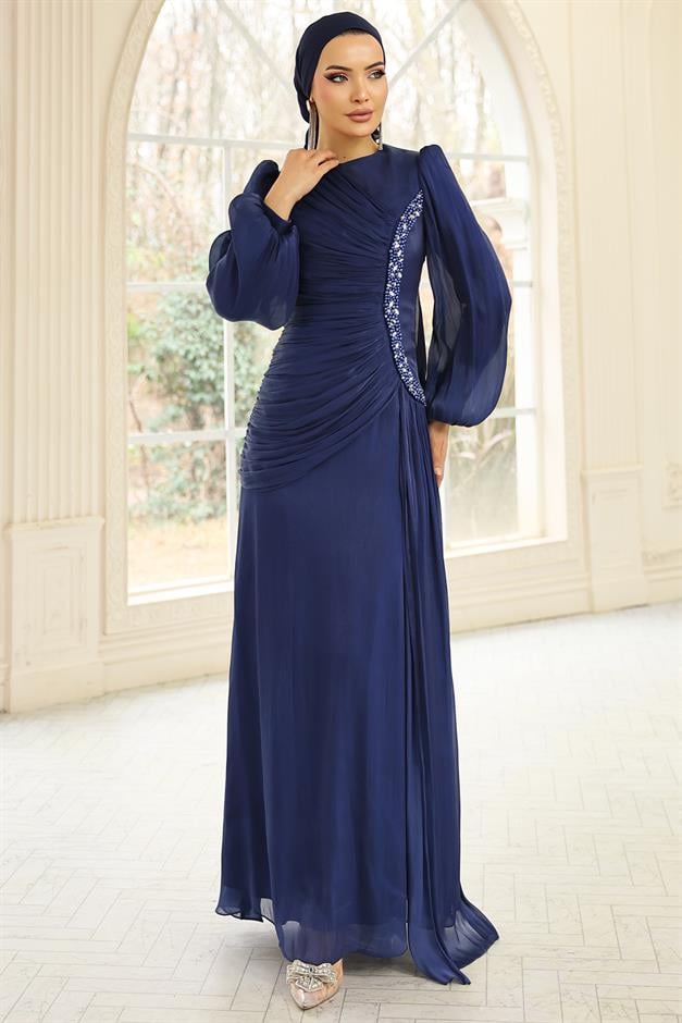 İnci ve Pilise Detaylı Yoryo İpek Tesettür Abiye Elbise K. İNDİGO 1249