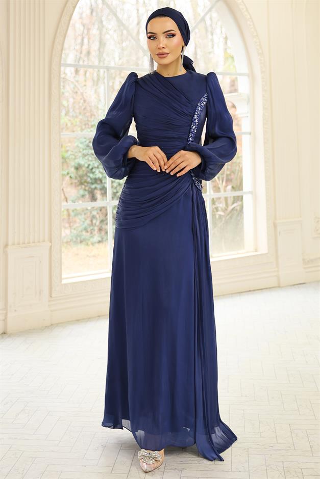 İnci ve Pilise Detaylı Yoryo İpek Tesettür Abiye Elbise K. İNDİGO 1249