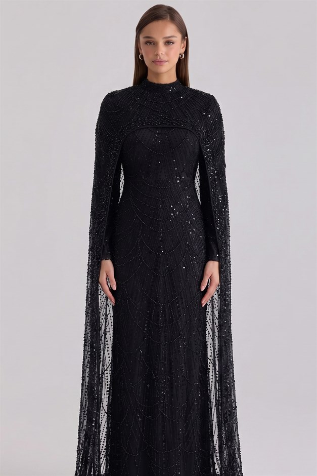 İnci ve Pul Bezeli Exclusive Tesettür Abiye Elbise SİYAH 1039