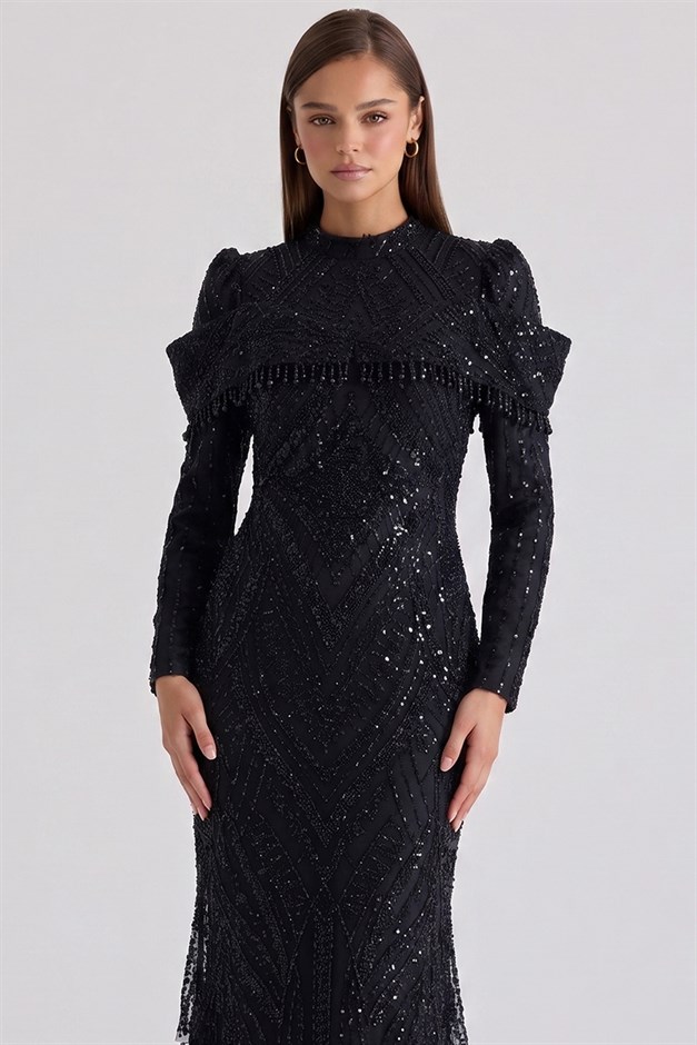 İnci ve Pul Desenli Exclusive Tesettür Abiye Elbise SİYAH 1090