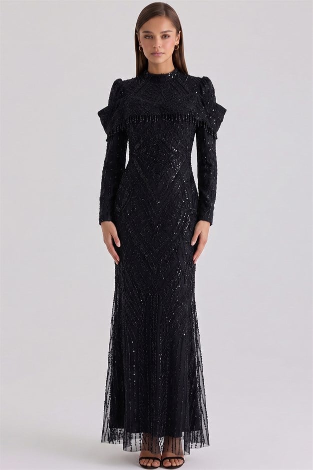 İnci ve Pul Desenli Exclusive Tesettür Abiye Elbise SİYAH 1090