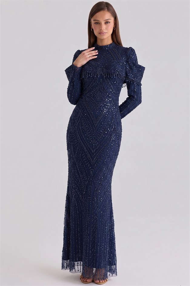 İnci ve Pul Desenli Exclusive Tesettür Abiye Elbise LACİVERT 1090